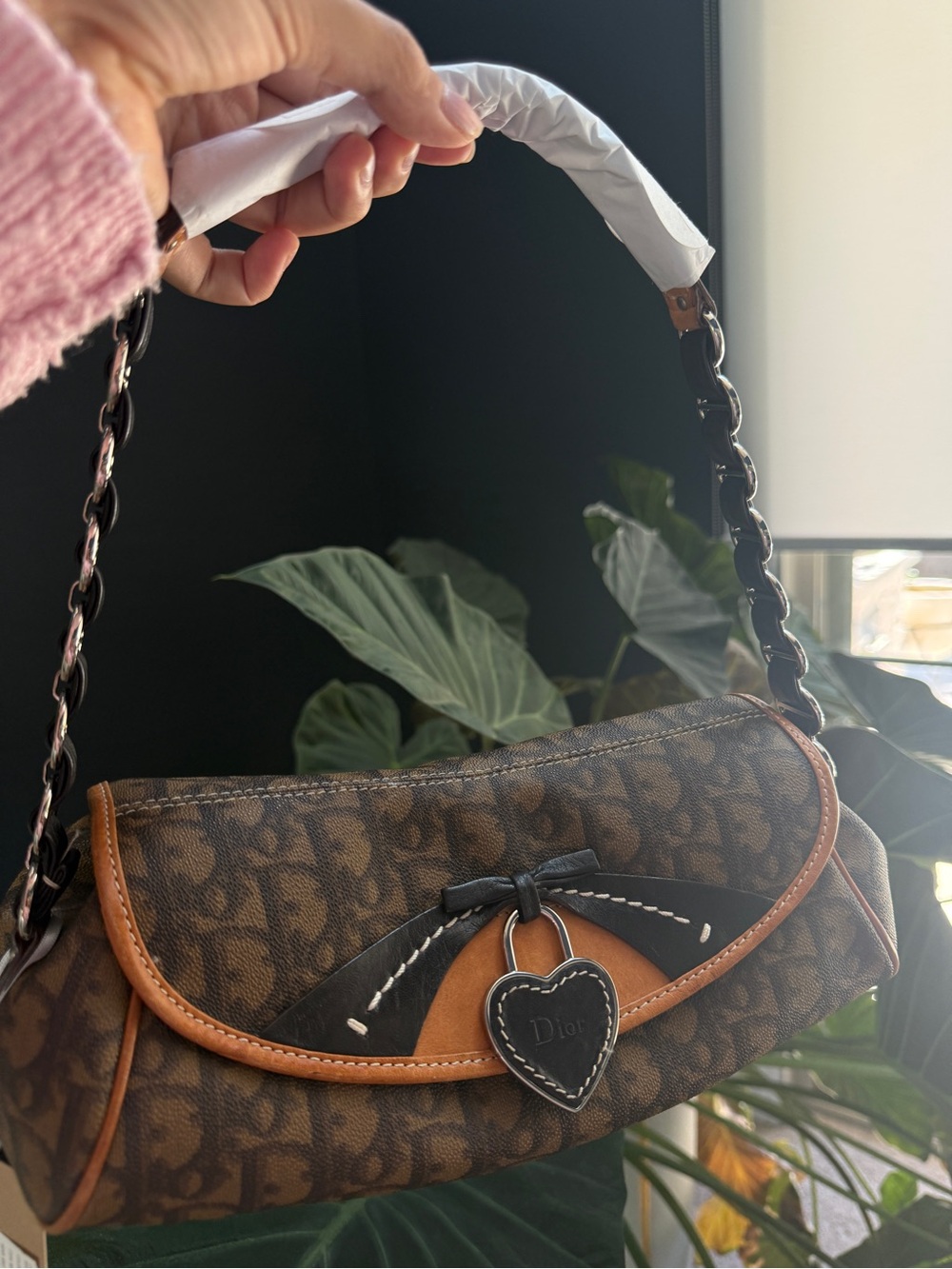 Rare Dior Romantique Trotter Brown Monogram Heart Lock Shoulder Bag